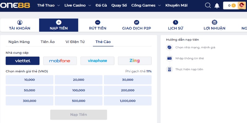 nạp tiền One88 thẻ cào