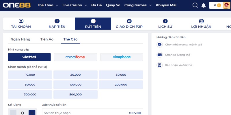 rút tiền One88 thẻ cào